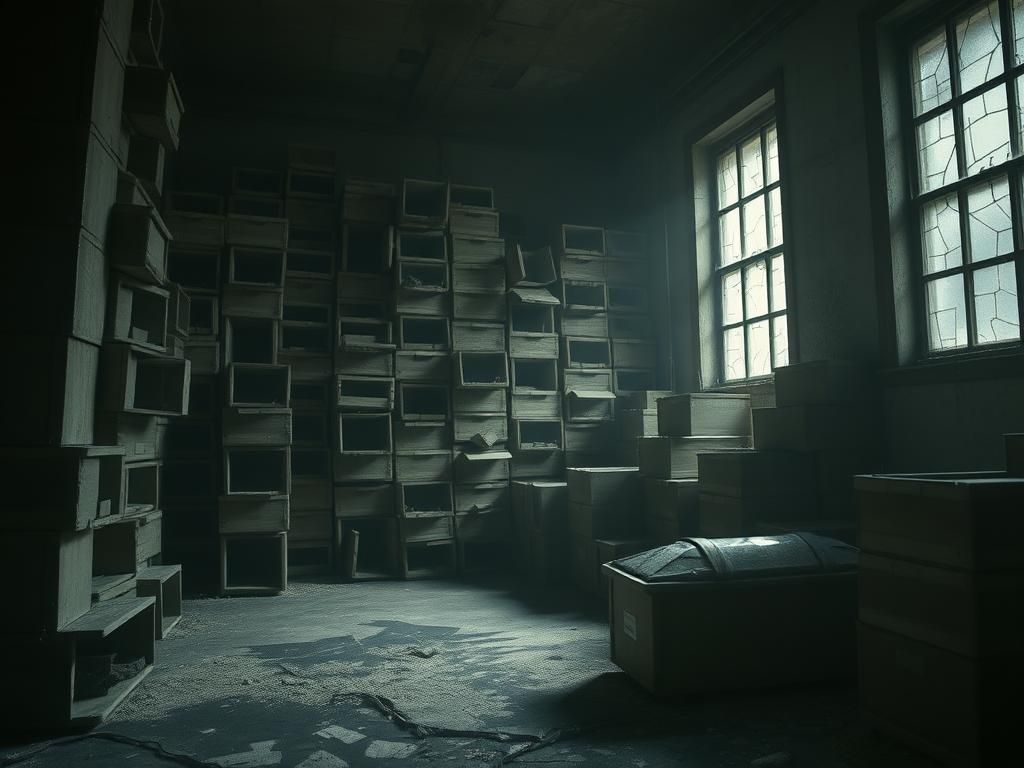 Flick International A dimly lit interior of a decrepit funeral home with stacked, decaying wooden boxes.
