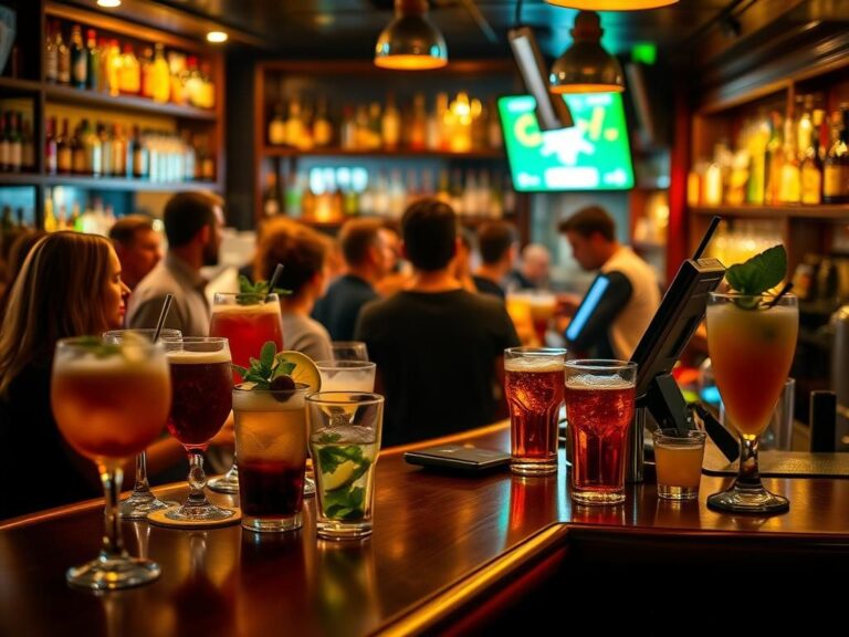 Flick International A bustling bar scene showcasing colorful cocktails and beer glasses during evening hours.