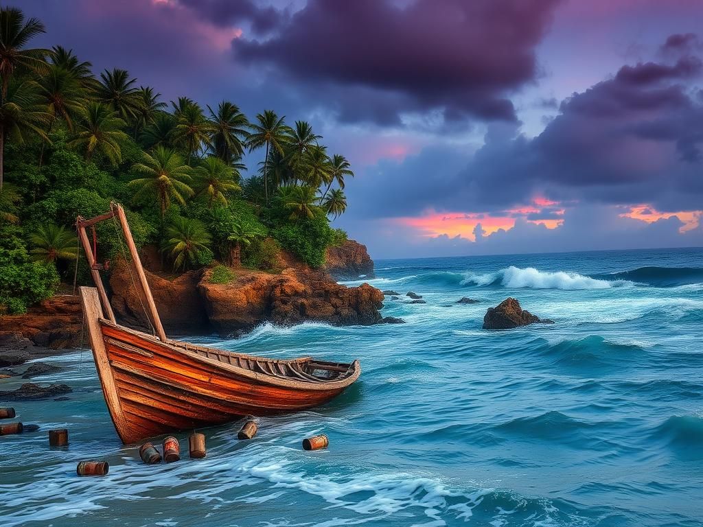 Flick International Weathered wooden catamaran wreckage partially submerged in surf with empty gasoline cans, surrounded by lush tropical coastline and dense jungle