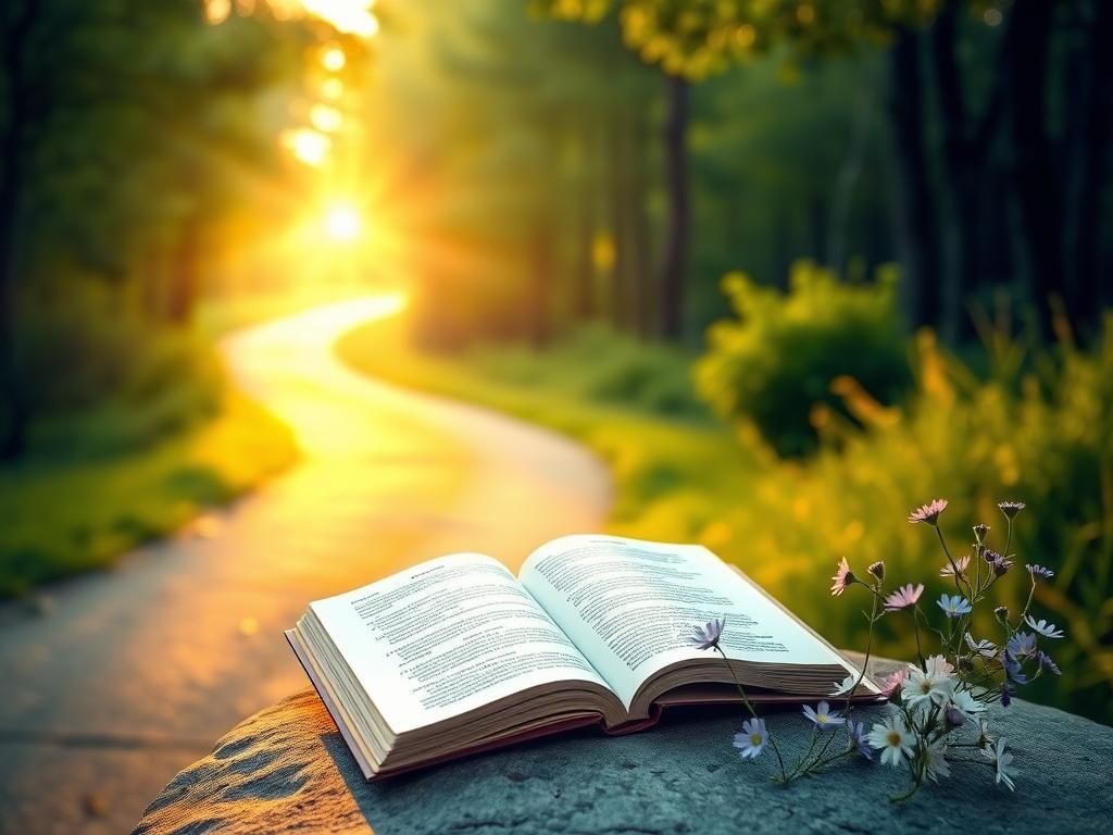 Flick International Sunrise over a tranquil forest path with an open devotional book on a stone
