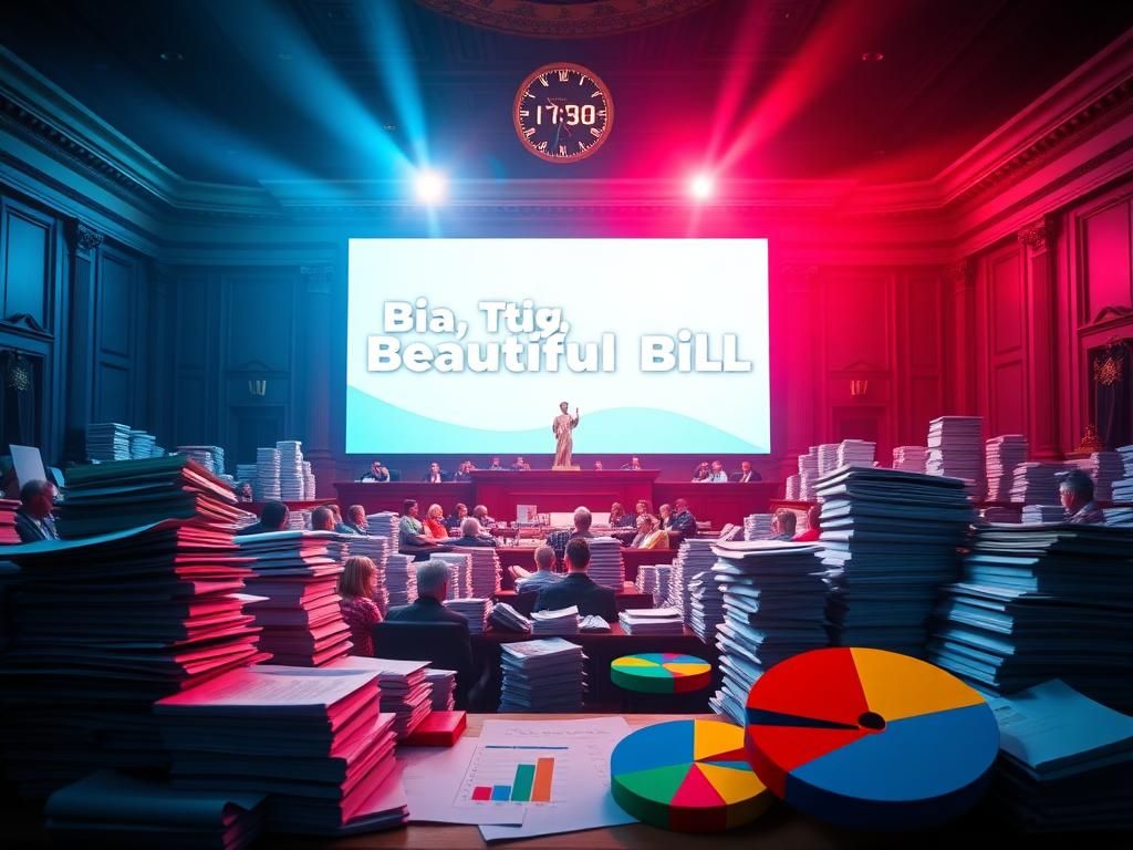 Flick International Legislative chamber with 'Big, Beautiful Bill' displayed on large screen amidst stacks of paperwork