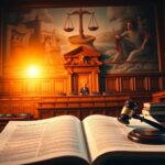 Flick International Dramatic federal courtroom with open legal document and gavel