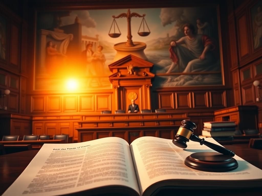 Flick International Dramatic federal courtroom with open legal document and gavel