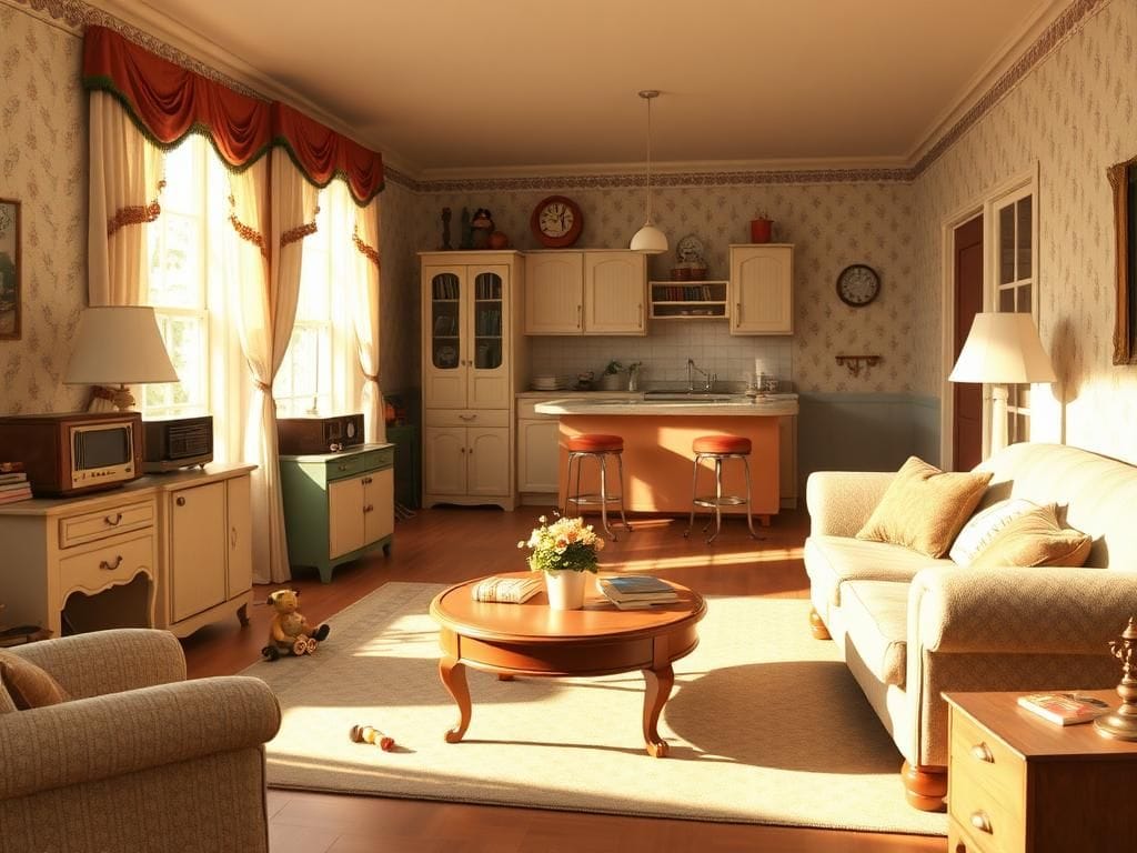Flick International Cozy living room scene from 'Leave It to Beaver' with vintage furnishings and warm atmosphere