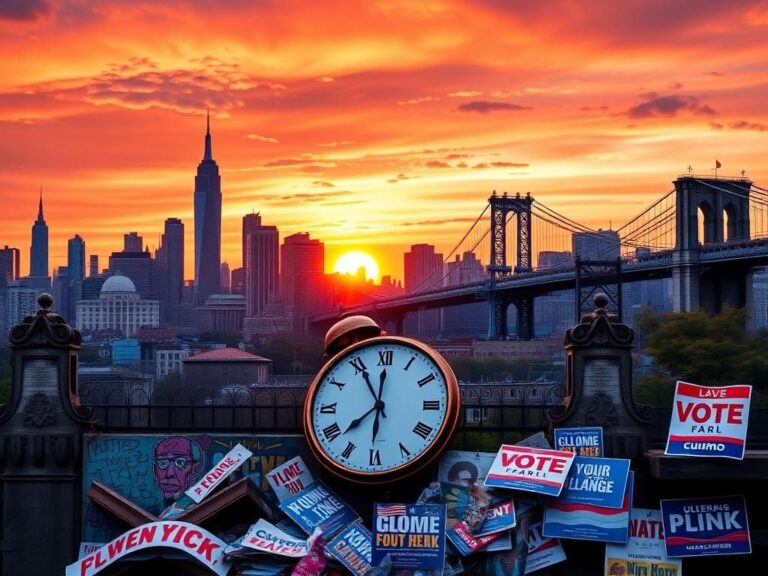 Flick International A vibrant sunset cityscape of New York City featuring iconic elements like the skyline, parks, and the Brooklyn Bridge, symbolizing political change.