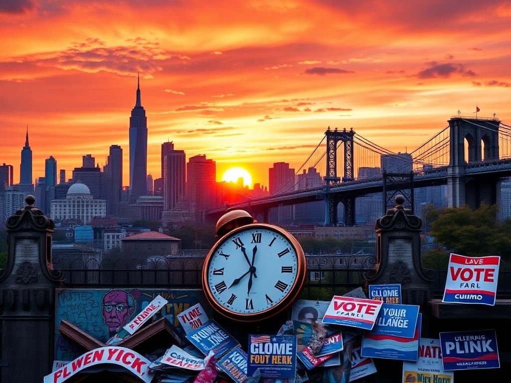 Flick International A vibrant sunset cityscape of New York City featuring iconic elements like the skyline, parks, and the Brooklyn Bridge, symbolizing political change.