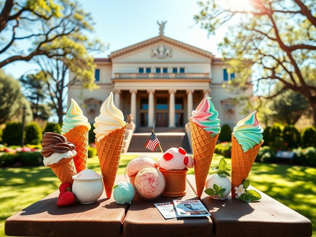 Flick International Assortment of iconic American ice cream cones in various flavors on a rustic wooden picnic table