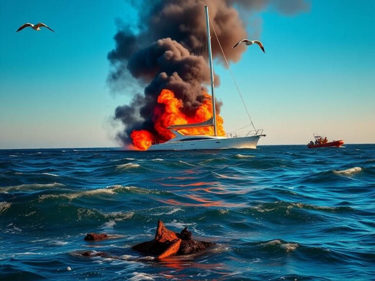 Flick International A burning 61-foot sailboat near Cape Canaveral with thick smoke billowing into the sky.