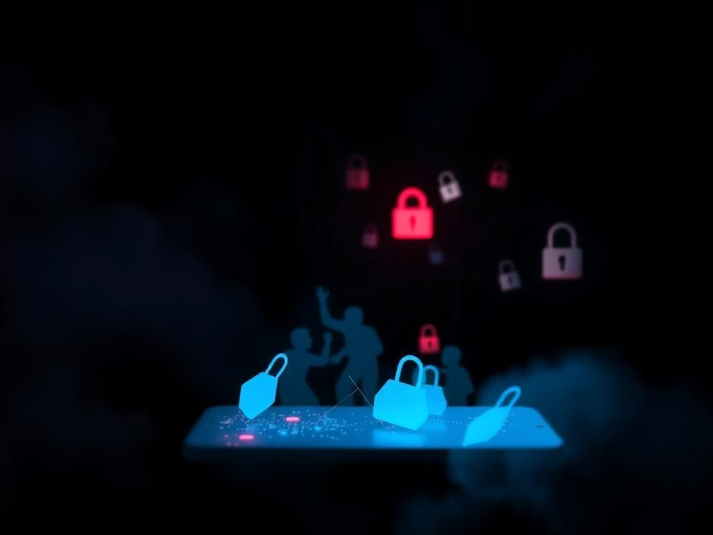 Flick International Dark-themed digital landscape depicting the dangers of cybercrime with a glowing smartphone screen surrounded by shadowy figures.