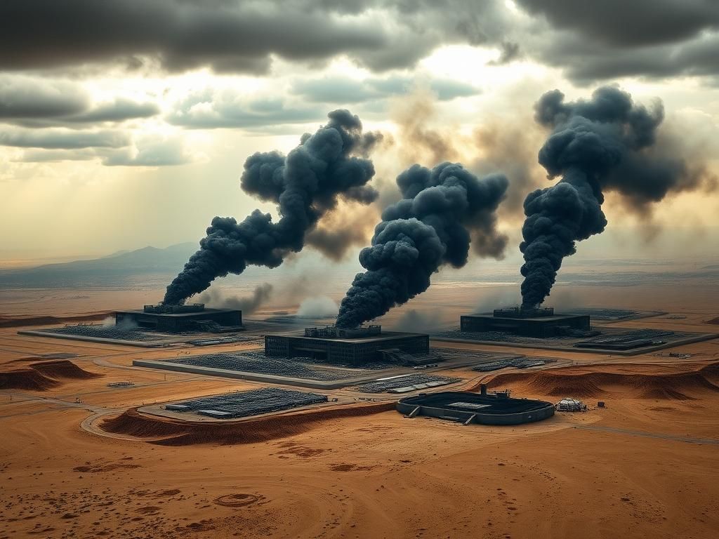 Flick International Aerial view of damaged Iranian nuclear facilities surrounded by desert terrain