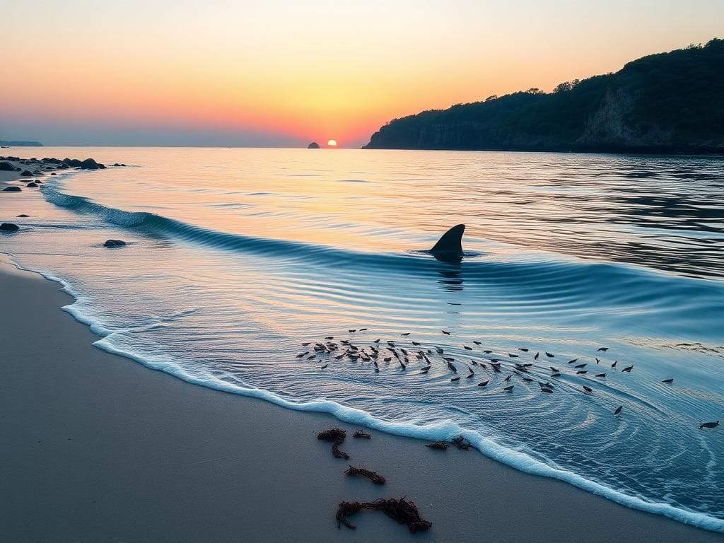 Flick International Serene dawn beach scene with gentle waves and shark silhouette