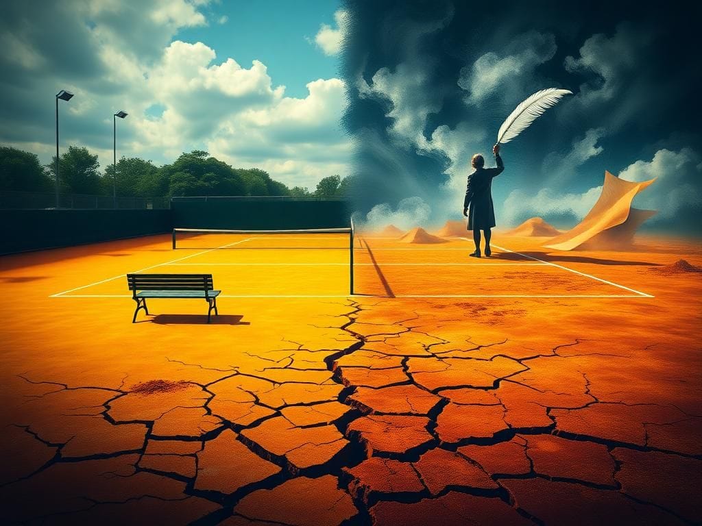 Flick International A split landscape featuring a tennis court representing Martina Navratilova and a shadowy figure symbolizing J.K. Rowling's literary influence.