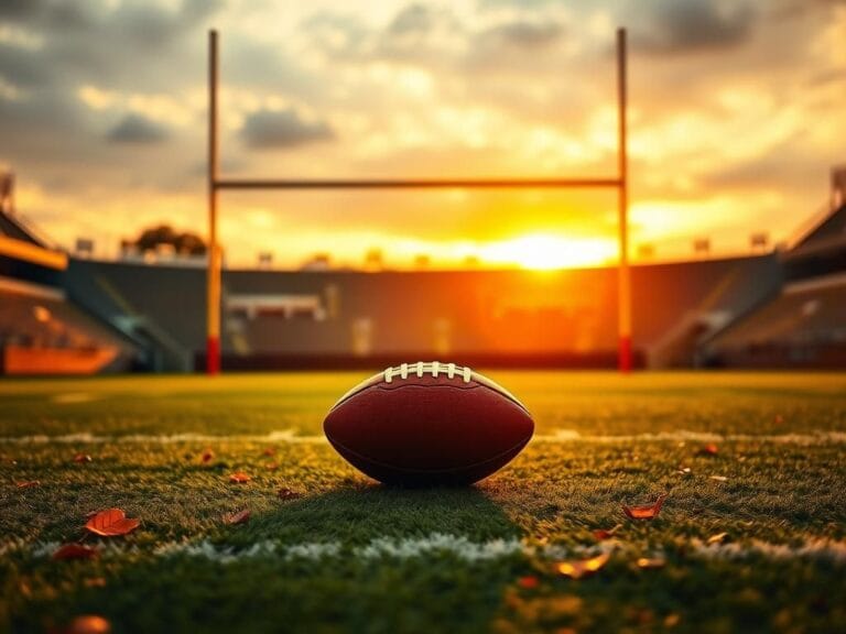 Flick International A football field at sunset with a lone football on the 50-yard line symbolizing Aaron Rodgers' final NFL season