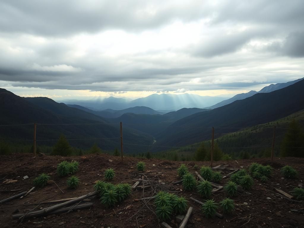 Flick International A dramatic landscape in Northern California with remnants of a cannabis farm amid mountainous terrain