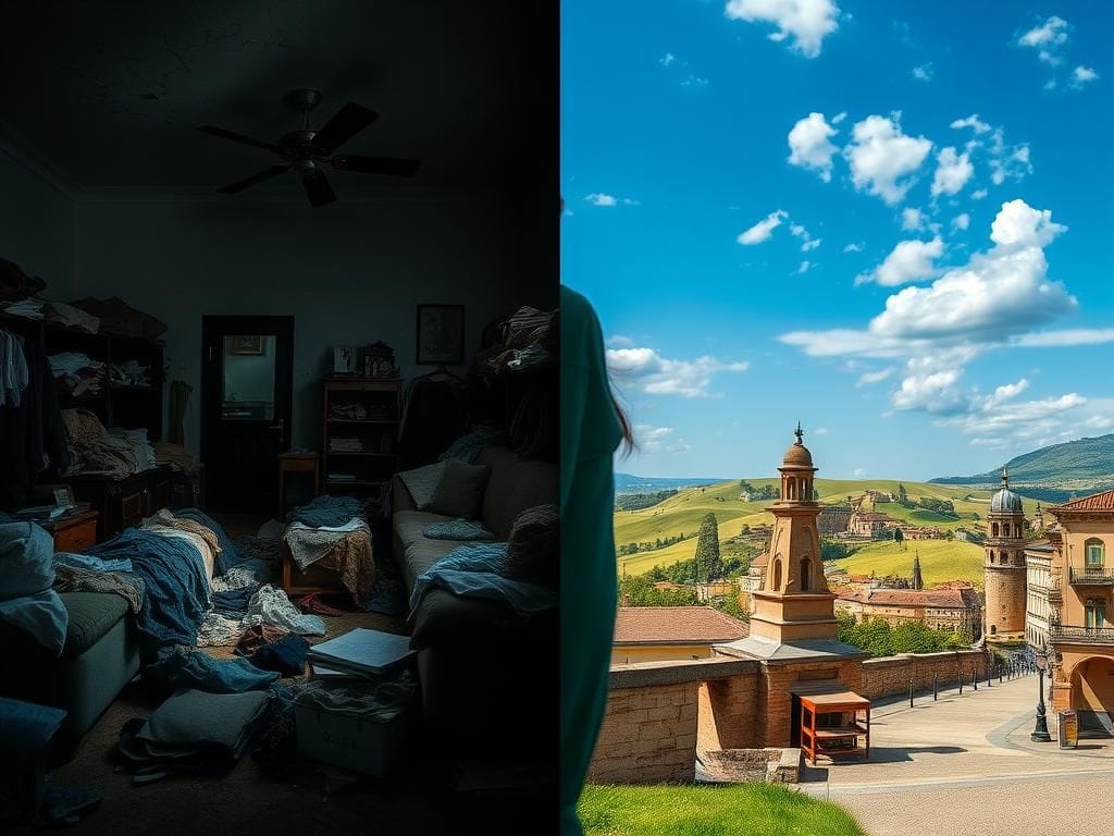 Flick International A split scene contrasting a cluttered, dark living room and a vibrant European landscape symbolizing internal conflict.