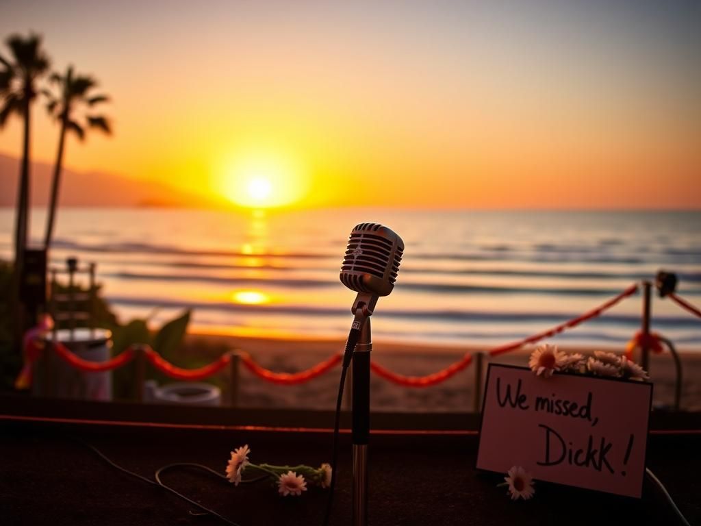 Flick International Serene Malibu landscape at sunset with an empty stage for comedy event