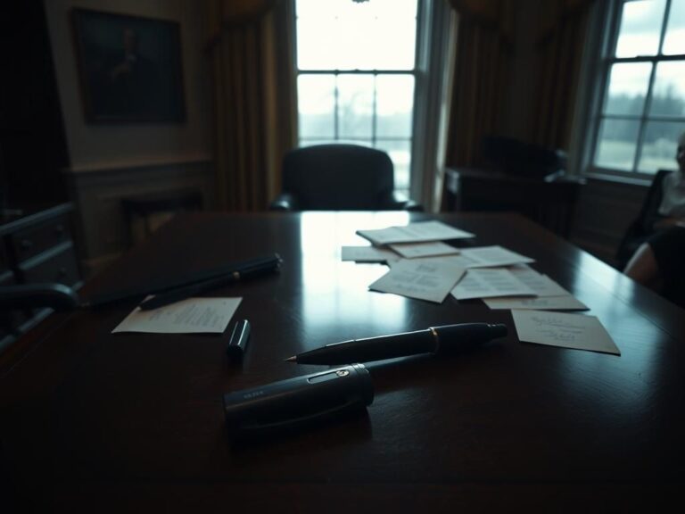 Flick International Empty Oval Office desk with scattered papers, symbolizing urgency and secrecy