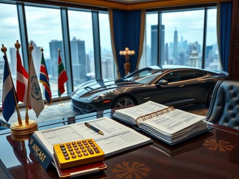 Flick International Luxurious desk of a UN official with international flags and financial reports