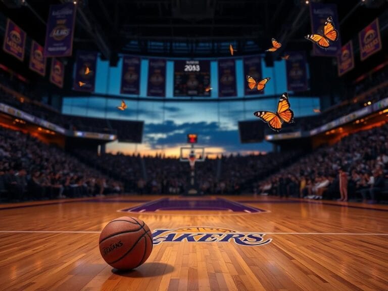 Flick International A basketball court at dusk with the Los Angeles Lakers logo and a single worn-out basketball.