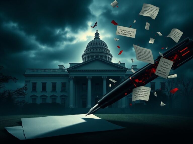 Flick International A dramatic abstract representation of a government building shrouded in mystery, symbolizing the White House and the autopen device in the foreground.