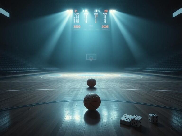 Flick International Dimly lit basketball court with a solitary basketball and gambling elements