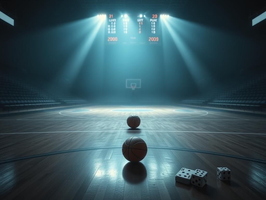 Flick International Dimly lit basketball court with a solitary basketball and gambling elements