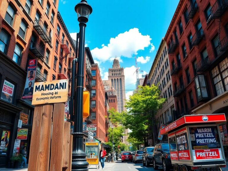 Flick International A bustling New York City street scene depicting a political campaign for Mamdani, with vibrant flyers and signs.