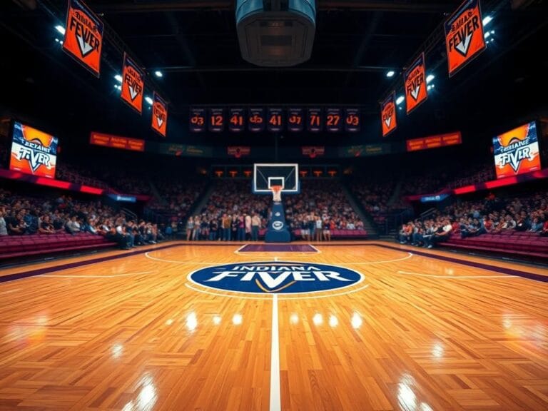 Flick International Dramatic basketball court scene at dusk featuring empty arena and Indiana Fever team colors