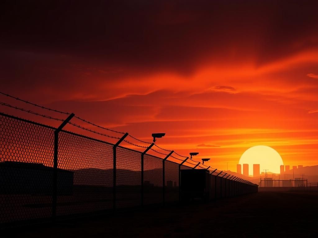 Flick International Dark border checkpoint with high-security fence and surveillance