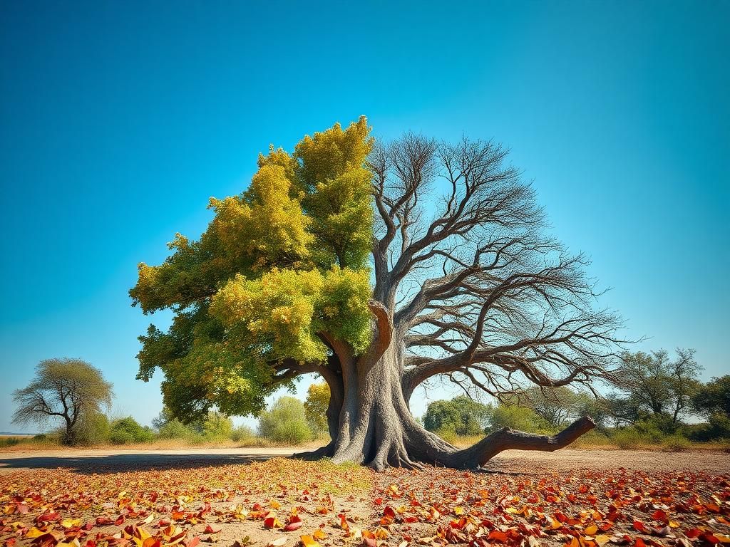 Flick International A large, weathered tree symbolizing a broken family bond with one vibrant side and one decaying side.