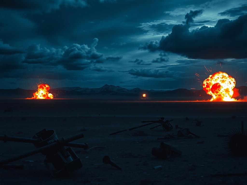 Flick International A dramatic and abstract representation of military conflict with explosions in a nighttime sky