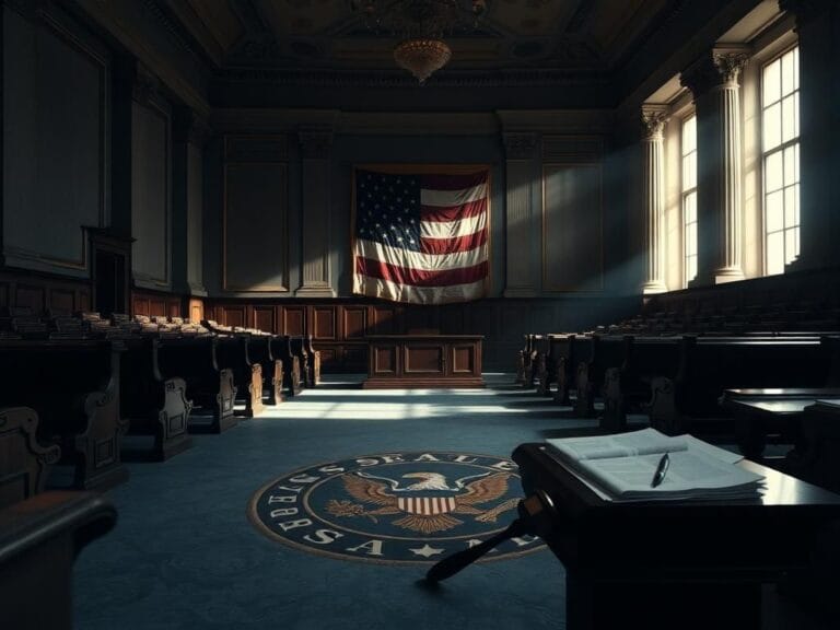 Flick International Dimly lit U.S. Senate chamber with empty benches and weathered American flag
