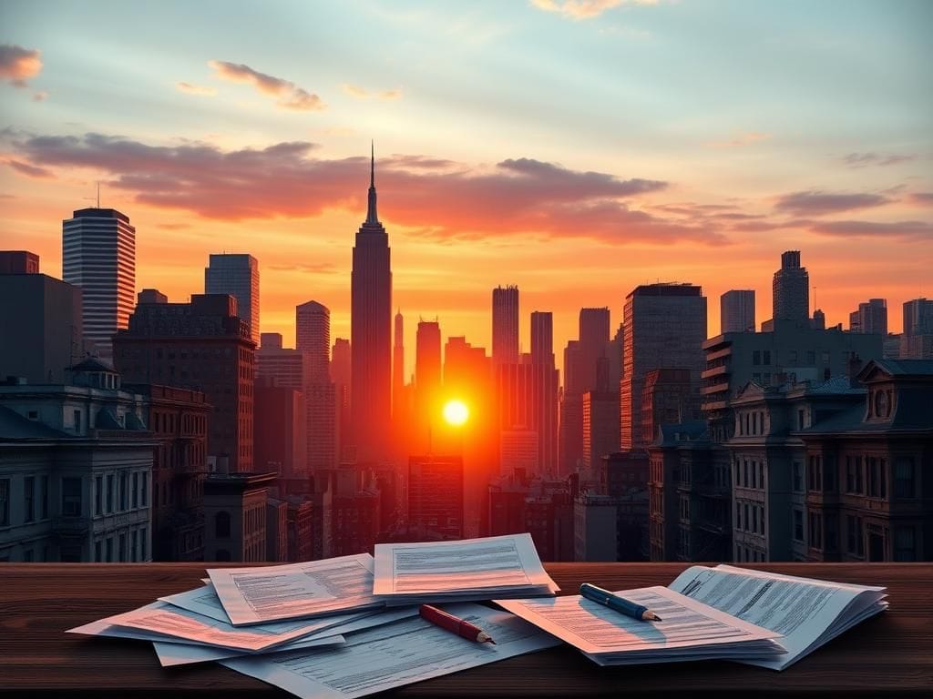 Flick International A cityscape of New York City at sunset, contrasting modern skyscrapers with older buildings, highlighting economic disparity.