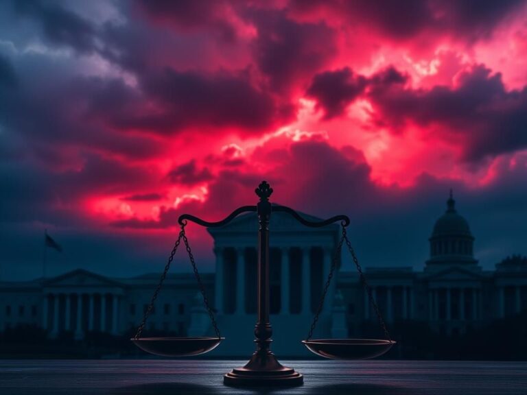 Flick International A dramatic courtroom scene emphasizing the scales of justice amidst iconic U.S. federal buildings under a cloudy sky.