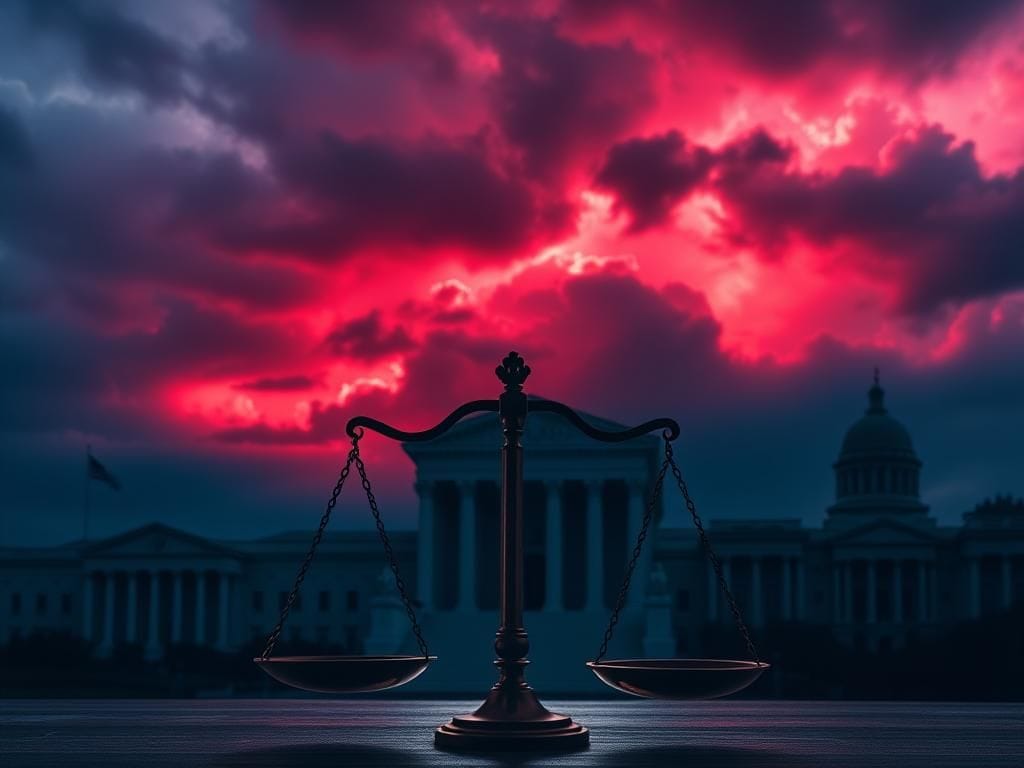 Flick International A dramatic courtroom scene emphasizing the scales of justice amidst iconic U.S. federal buildings under a cloudy sky.