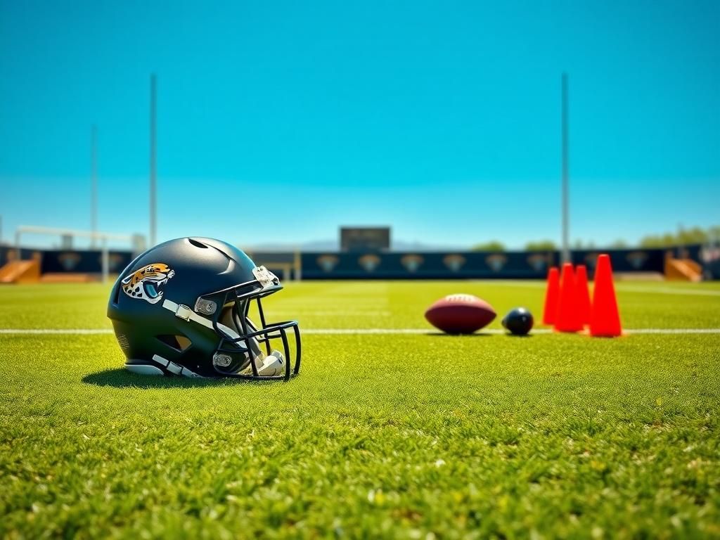 Flick International Scene of a football practice field with an empty helmet and cleats symbolizing Travis Hunter's dual role ambitions
