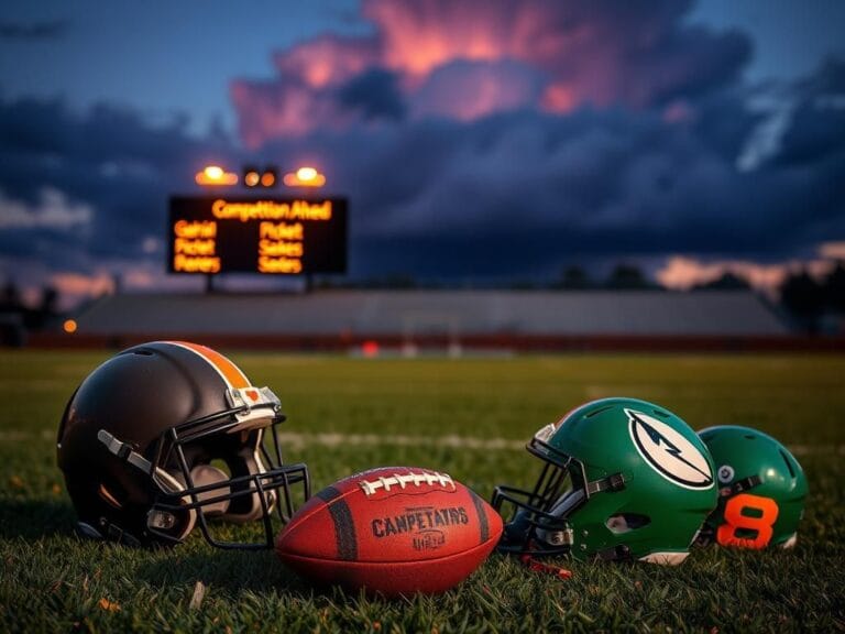 Flick International A weathered football rests on a training field with scattered colorful helmets representing various quarterbacks in competition.