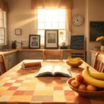 Flick International Warm kitchen scene depicting parental rights and family values with a wooden dining table and children's books