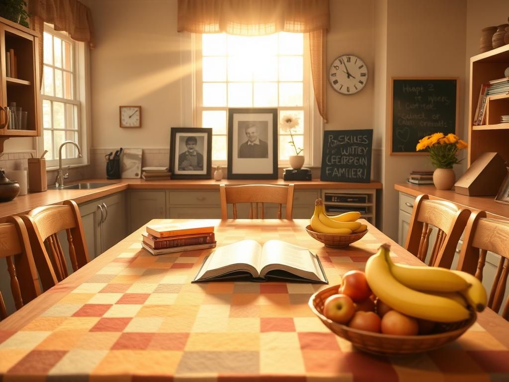 Flick International Warm kitchen scene depicting parental rights and family values with a wooden dining table and children's books