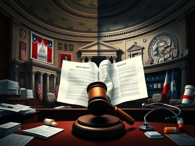 Flick International Conceptual representation of a divided Senate chamber showing contrasting Republican and Democratic perspectives