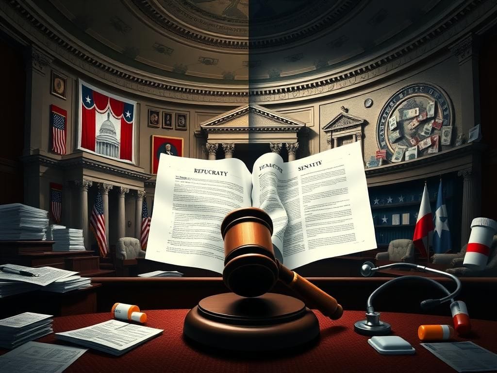 Flick International Conceptual representation of a divided Senate chamber showing contrasting Republican and Democratic perspectives