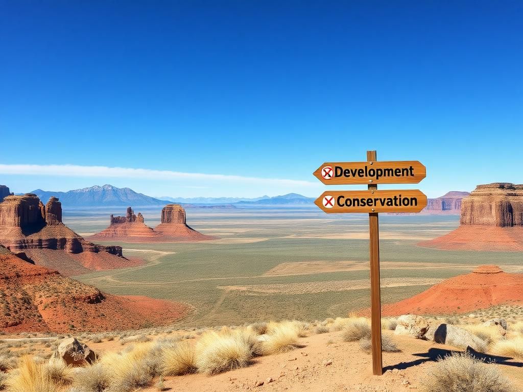 Flick International Expansive view of rugged Western landscapes with a signpost indicating land management options