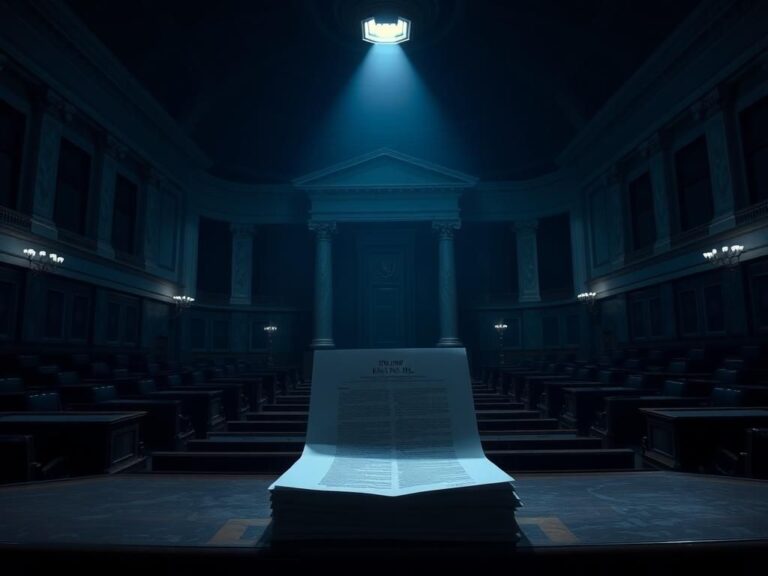 Flick International A dramatic view of the U.S. Senate chamber with empty desks and a stack of papers representing Trump's bill