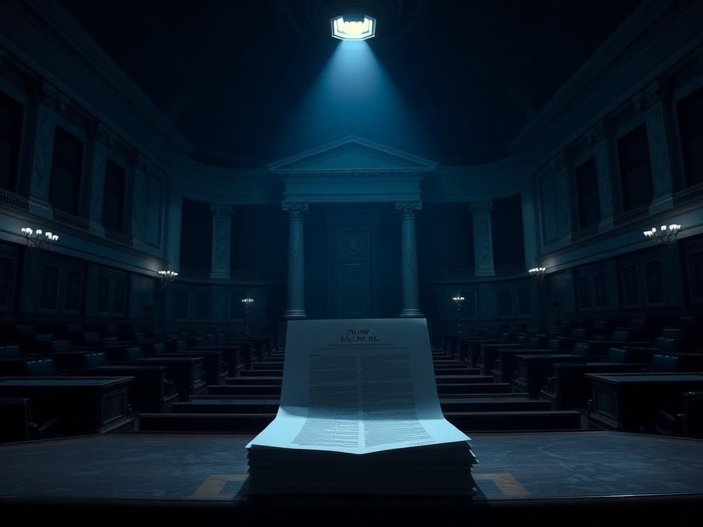 Flick International A dramatic view of the U.S. Senate chamber with empty desks and a stack of papers representing Trump's bill