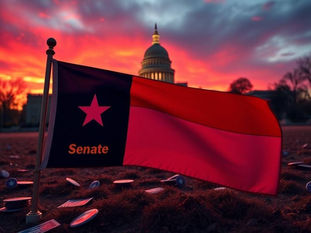 Flick International A politically charged scene featuring the North Carolina state flag in the foreground and a silhouette of the state capitol in the background during sunset.
