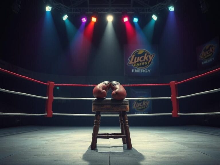 Flick International A boxing ring with worn gloves on a stool in a dimly lit arena