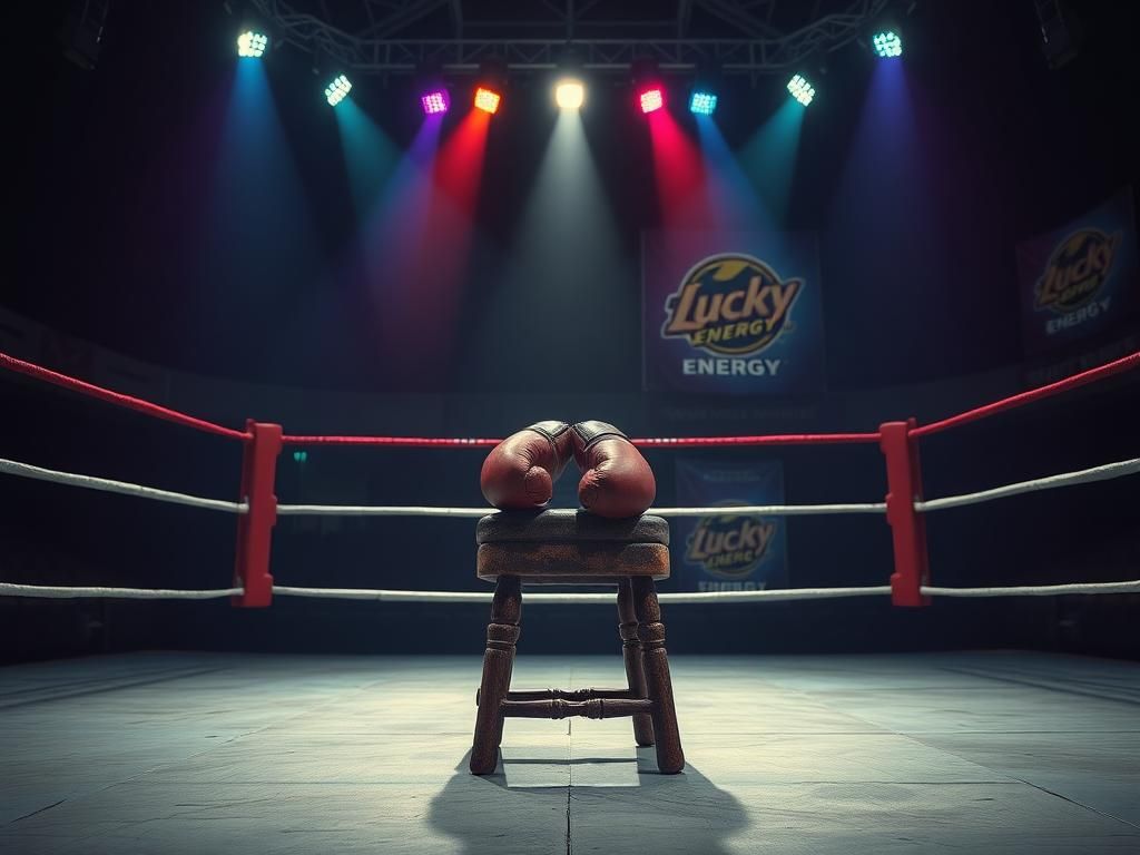 Flick International A boxing ring with worn gloves on a stool in a dimly lit arena