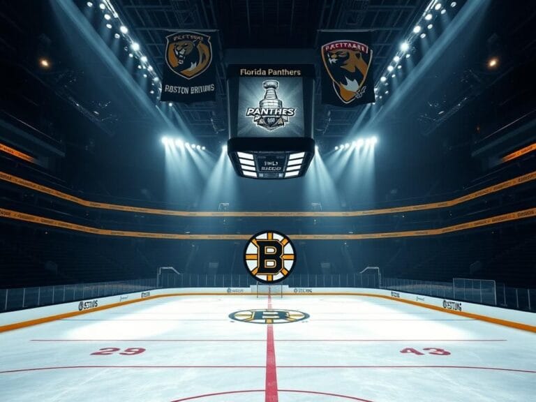 Flick International A dramatic ice hockey rink showcasing the Boston Bruins logo at center ice, surrounded by black and yellow team colors.