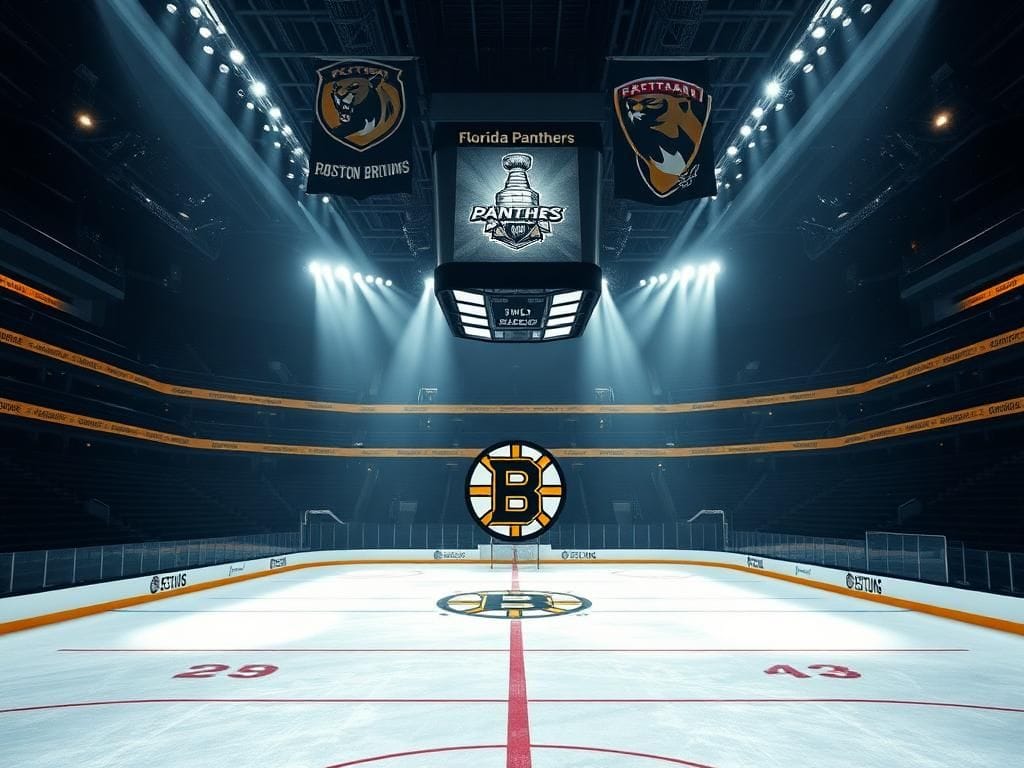 Flick International A dramatic ice hockey rink showcasing the Boston Bruins logo at center ice, surrounded by black and yellow team colors.