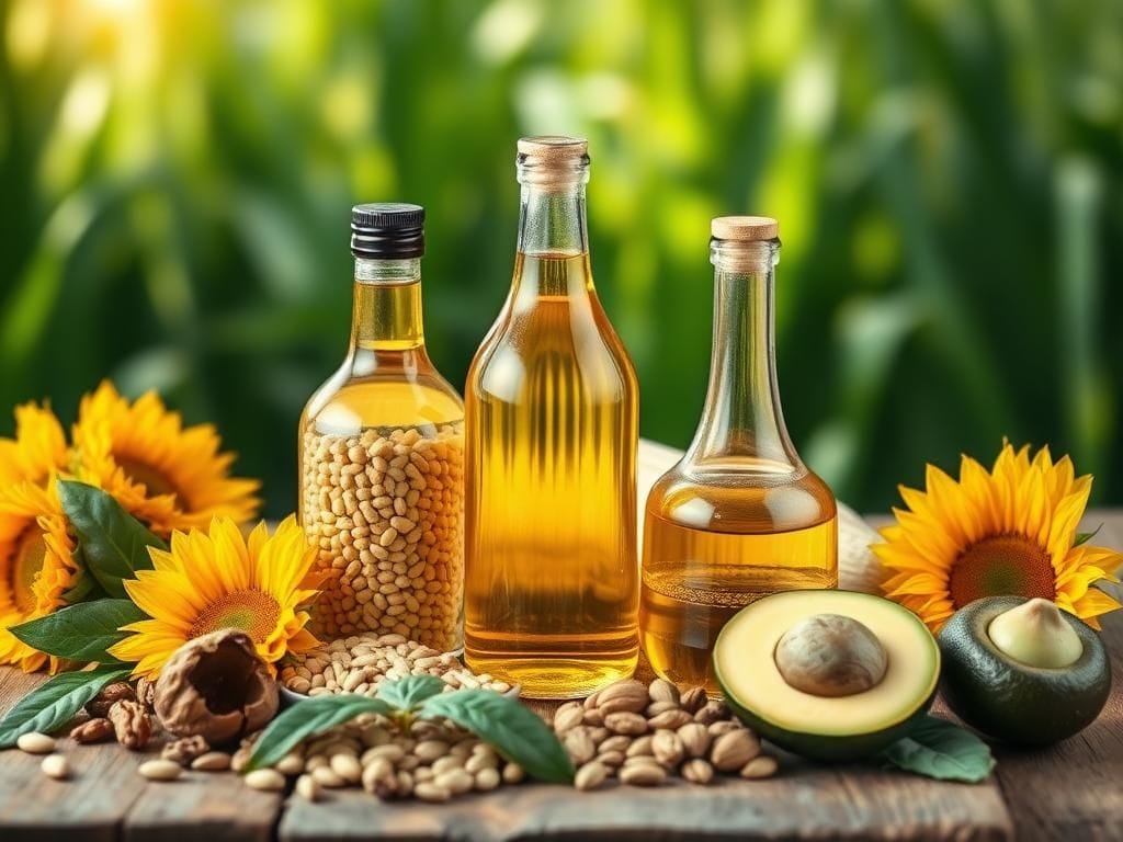 Flick International Close-up of various seed oils in elegant glass bottles surrounded by fresh ingredients rich in linoleic acid.